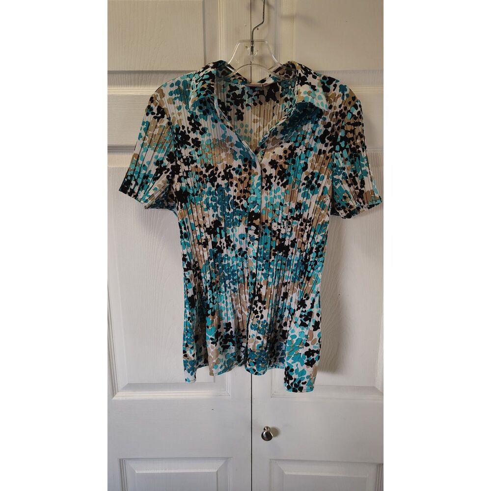 Laura Scott Floral Multi-Color Pleated Plissé Button-Down Blouse Women's L/G